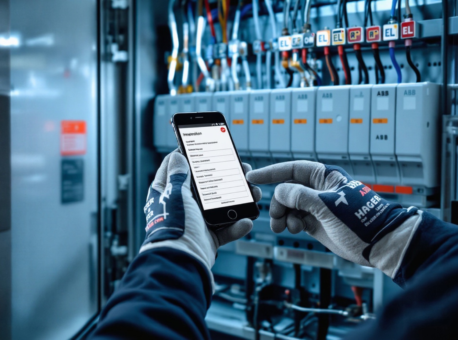 Elektriker signerer sluttkontroll på telefon i sikringsskap